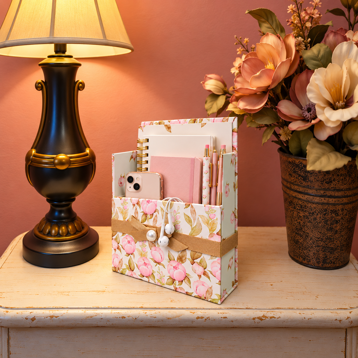 Golden Blush Magnolias Boxed Stationery Set – 20 Notecards, 20 Envelopes & Gold Pen