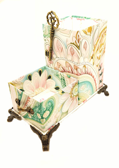 Desktop Organizer for Pens and Clips w/Antique Key Accent - Pink and Green Waves - Chic Brico