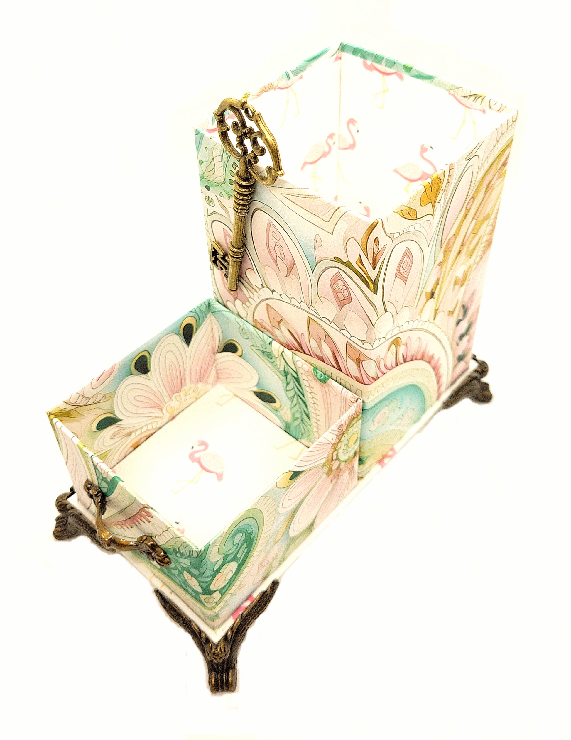 Desktop Organizer for Pens and Clips w/Antique Key Accent - Pink and Green Waves - Chic Brico