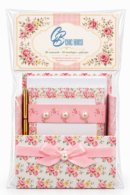 Pink & Yellow Posies Boxed Stationery Set – 20 Notecards, 20 Envelopes & Gold Pen
