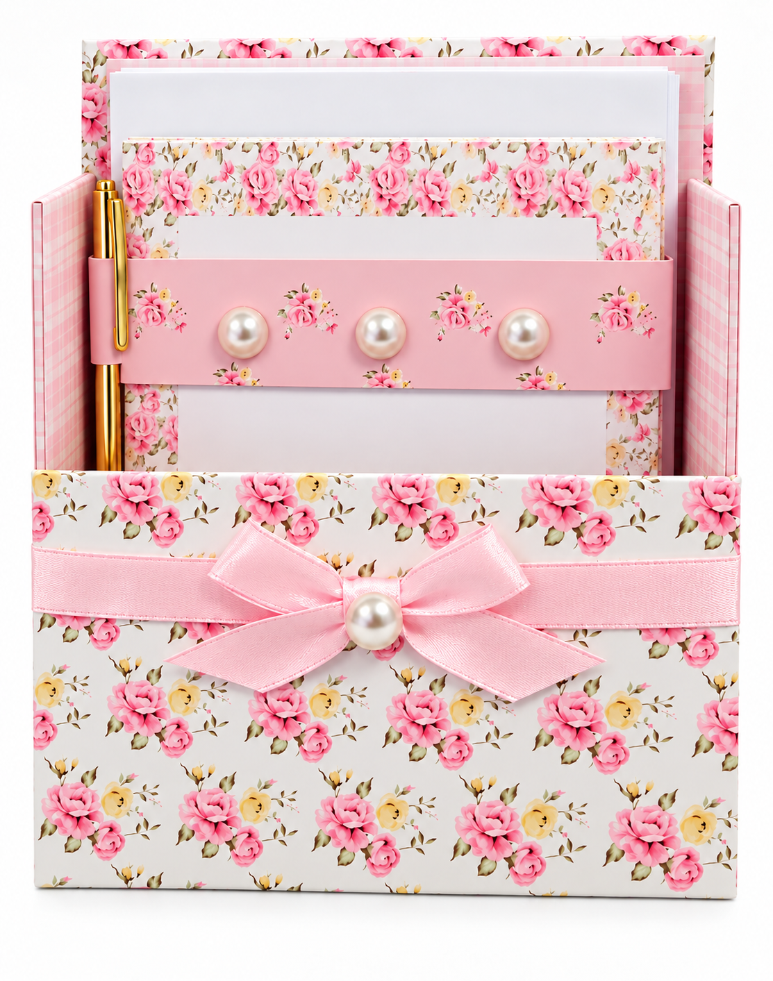Pink & Yellow Posies Boxed Stationery Set – 20 Notecards, 20 Envelopes & Gold Pen