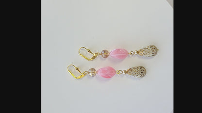 Gold Embossed Teardrop and Crystal Long Boho Dangle Earrings - Ivory and Rosy Pink