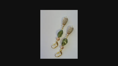 Gold Embossed Teardrop and Crystal Long Boho Dangle Earrings - Ivory and Olive Green