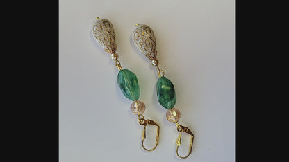 Gold Embossed Teardrop and Crystal Long Boho Dangle Earrings - Ivory and Light Green