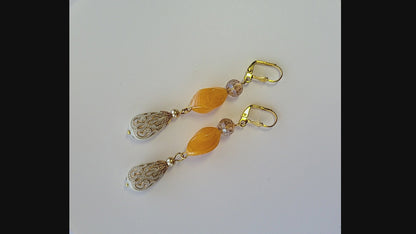 Gold Embossed Teardrop and Crystal Long Boho Dangle Earrings - Ivory and Golden Amber