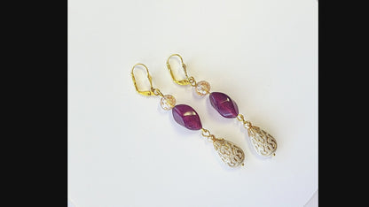 Gold Embossed Teardrop and Crystal Long Boho Dangle Earrings - Ivory and Violet Purple