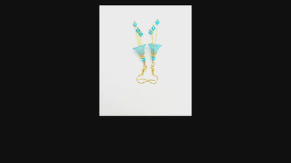 Bell Flower Earrings - Aqua Blue and Gold