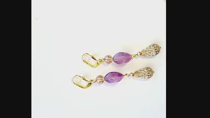 Gold Embossed Teardrop and Crystal Long Boho Dangle Earrings - Ivory and Lilac Purple