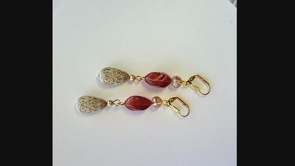 Gold Embossed Teardrop and Crystal Long Boho Dangle Earrings - Ivory and Rust Red