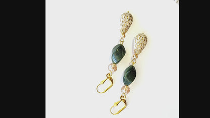 Gold Embossed Teardrop and Crystal Long Boho Dangle Earrings - Ivory and Emerald Green