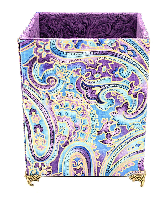 Fabric-Covered Pen Pencil Cosmetics Brushes Holder, Desktop Organizer, Soft Purple and Gold Paisley - Chic Brico