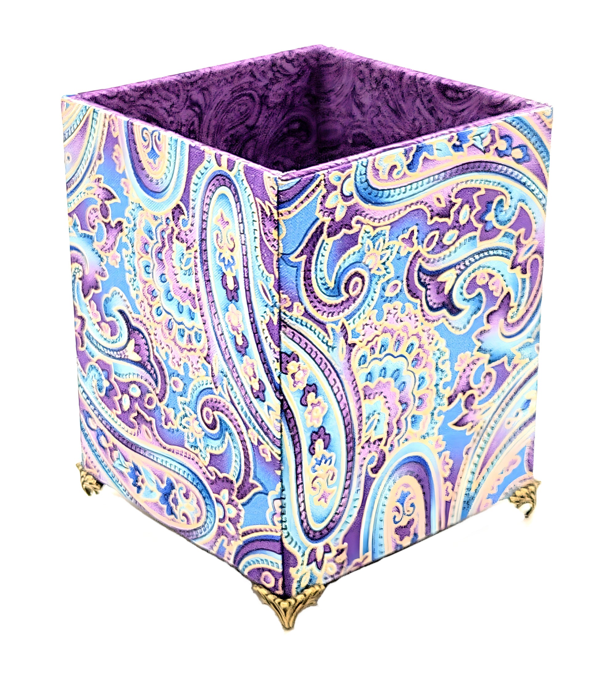 Fabric-Covered Pen Pencil Cosmetics Brushes Holder, Desktop Organizer, Soft Purple and Gold Paisley - Chic Brico