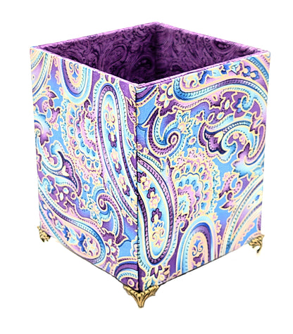 Fabric-Covered Pen Pencil Cosmetics Brushes Holder, Desktop Organizer, Soft Purple and Gold Paisley - Chic Brico