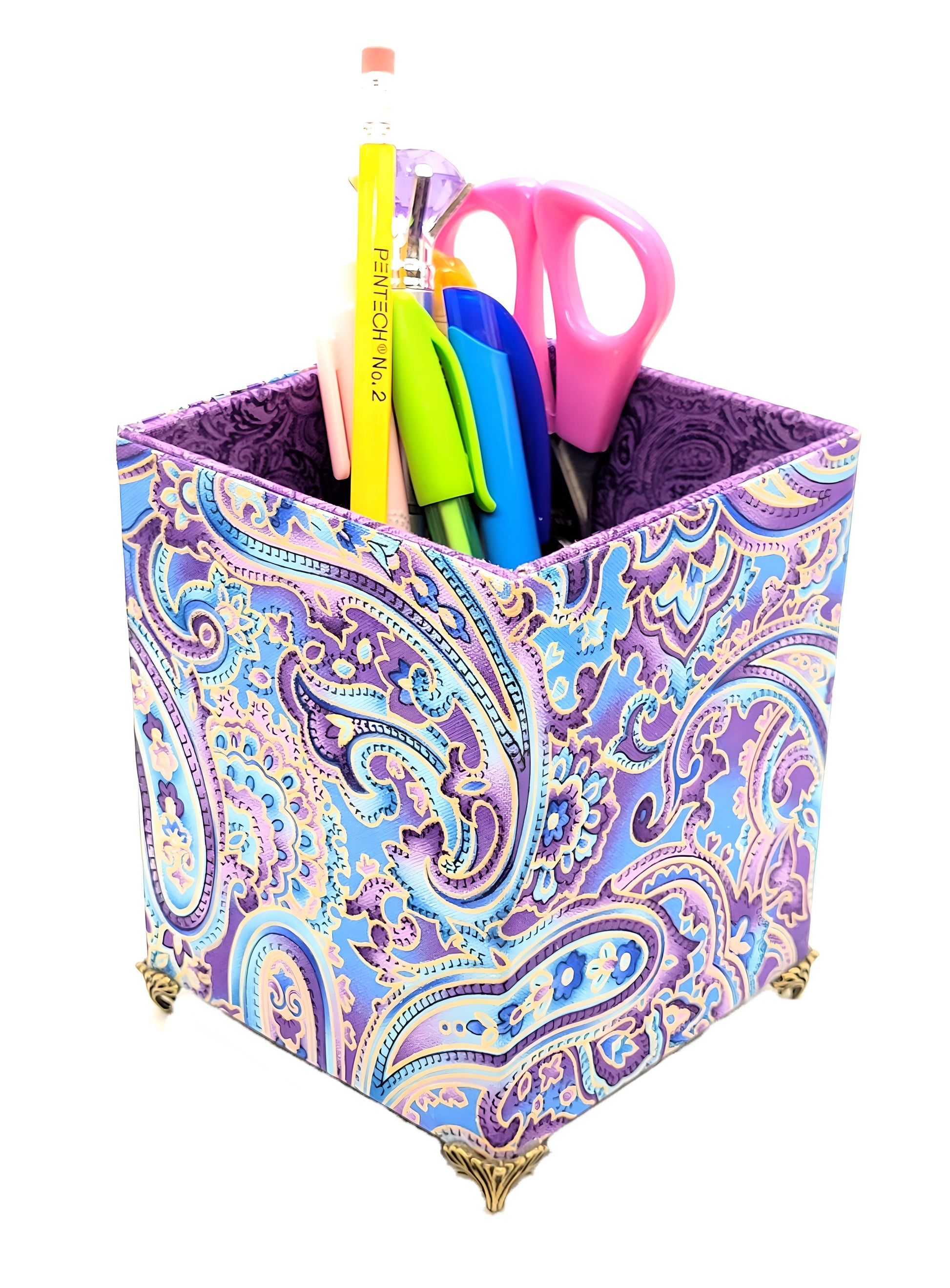 Fabric-Covered Pen Pencil Cosmetics Brushes Holder, Desktop Organizer, Soft Purple and Gold Paisley - Chic Brico