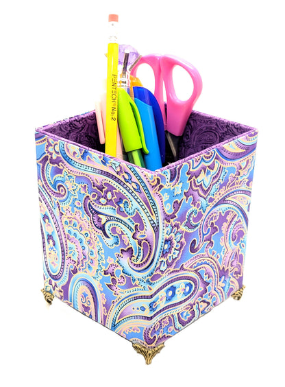 Fabric-Covered Pen Pencil Cosmetics Brushes Holder, Desktop Organizer, Soft Purple and Gold Paisley - Chic Brico