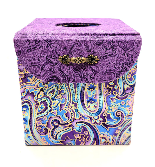Fabric Covered Tissue Box Holder, Elegant Home, Bath or Bedroom Decor, Soft Purple and Gold Paisley - Chic Brico