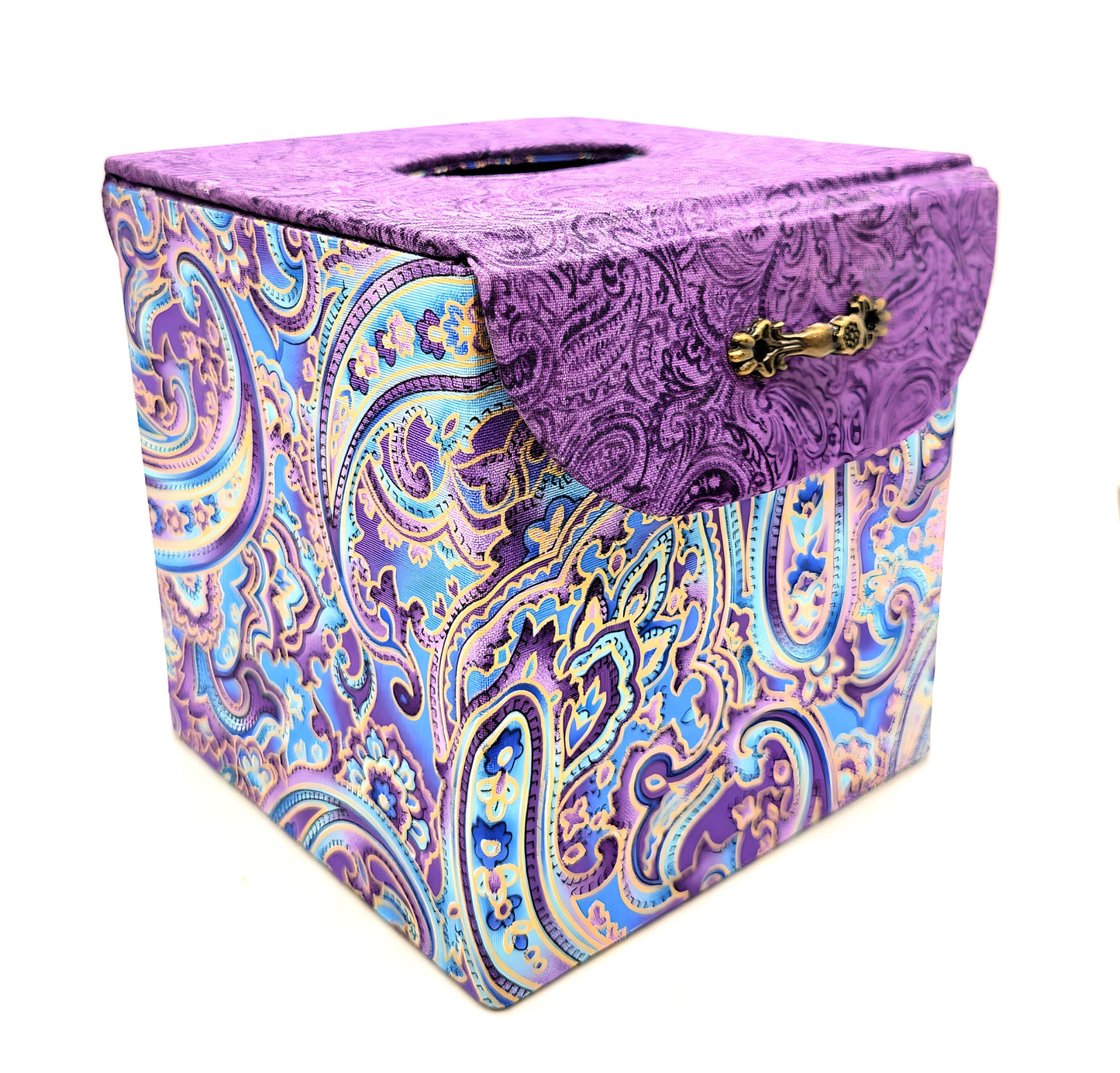 Fabric Covered Tissue Box Holder, Elegant Home, Bath or Bedroom Decor, Soft Purple and Gold Paisley - Chic Brico