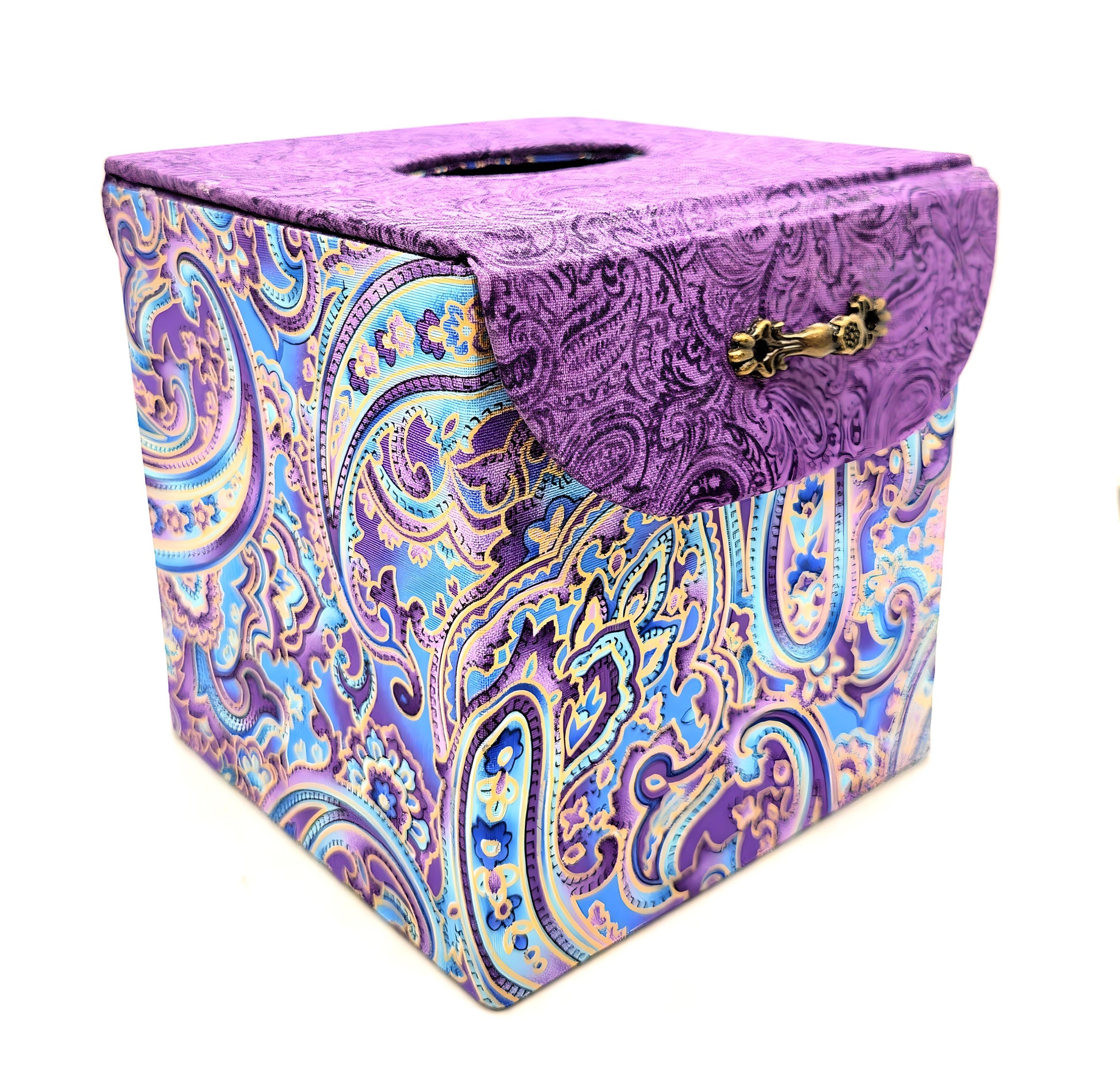 Fabric Covered Tissue Box Holder, Elegant Home, Bath or Bedroom Decor, Soft Purple and Gold Paisley - Chic Brico