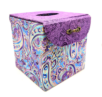 Fabric Covered Tissue Box Holder, Elegant Home, Bath or Bedroom Decor, Soft Purple and Gold Paisley - Chic Brico