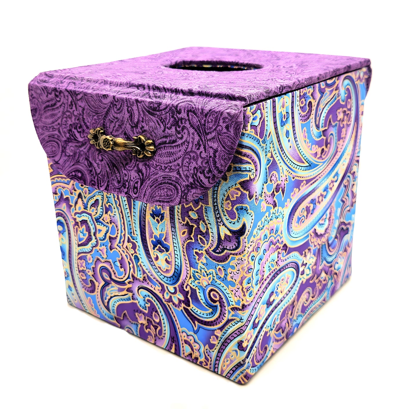 Fabric Covered Tissue Box Holder, Elegant Home, Bath or Bedroom Decor, Soft Purple and Gold Paisley - Chic Brico