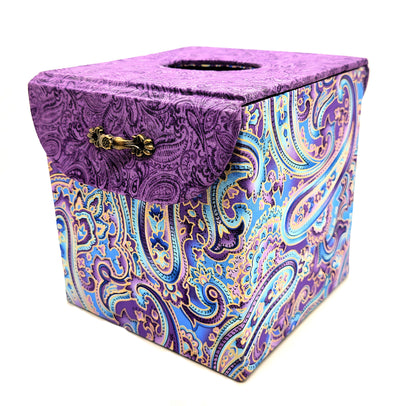 Fabric Covered Tissue Box Holder, Elegant Home, Bath or Bedroom Decor, Soft Purple and Gold Paisley - Chic Brico