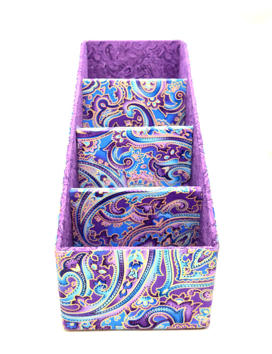 Fabric-Covered Divided Storage Tiered Organizer Box for Desktop or Tabletop, Soft Purple and Gold Paisley - Chic Brico
