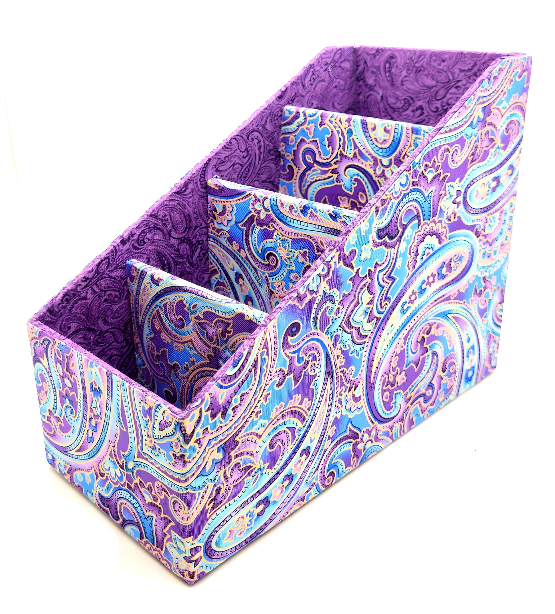Fabric-Covered Divided Storage Tiered Organizer Box for Desktop or Tabletop, Soft Purple and Gold Paisley - Chic Brico