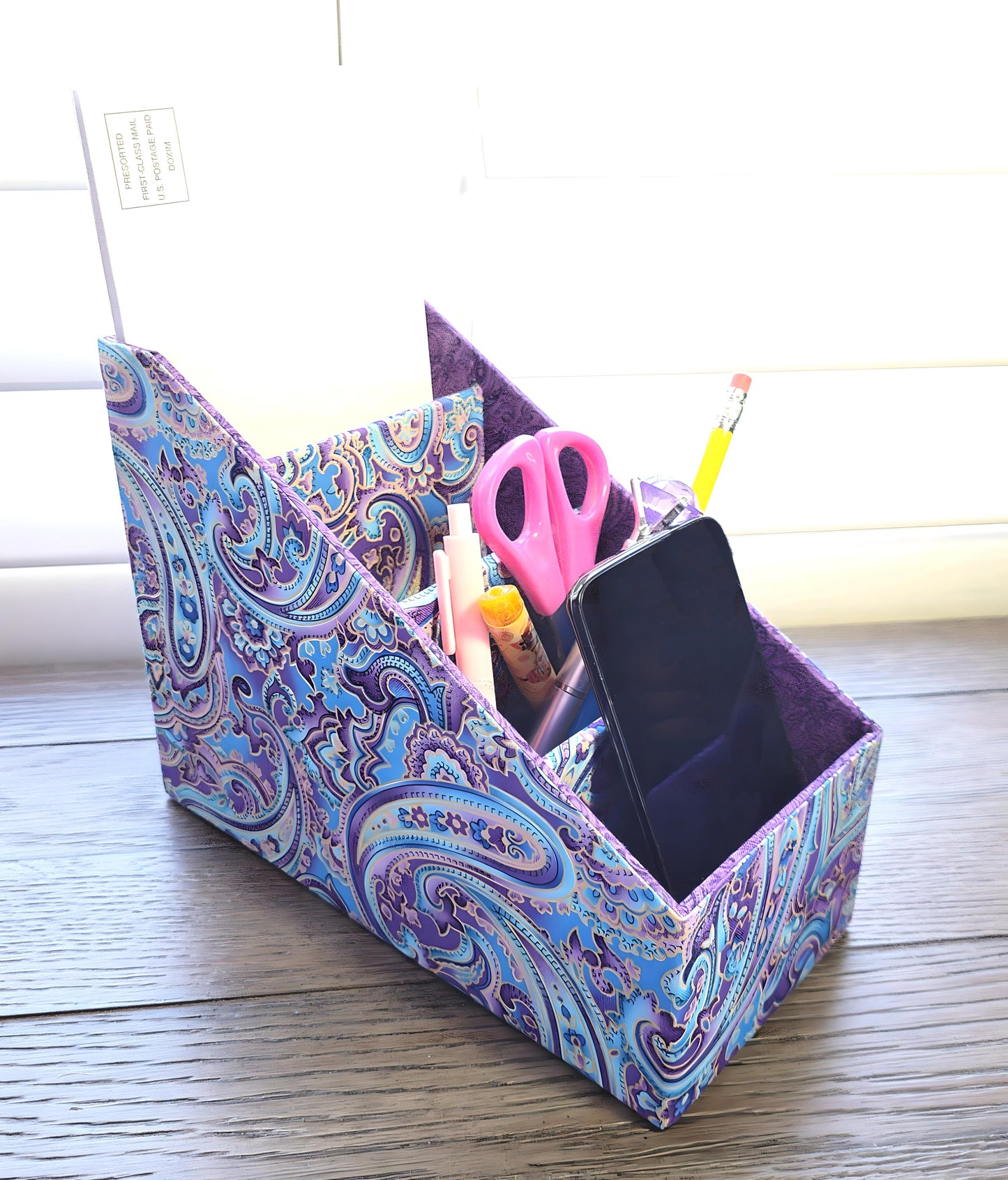 Fabric-Covered Divided Storage Tiered Organizer Box for Desktop or Tabletop, Soft Purple and Gold Paisley - Chic Brico