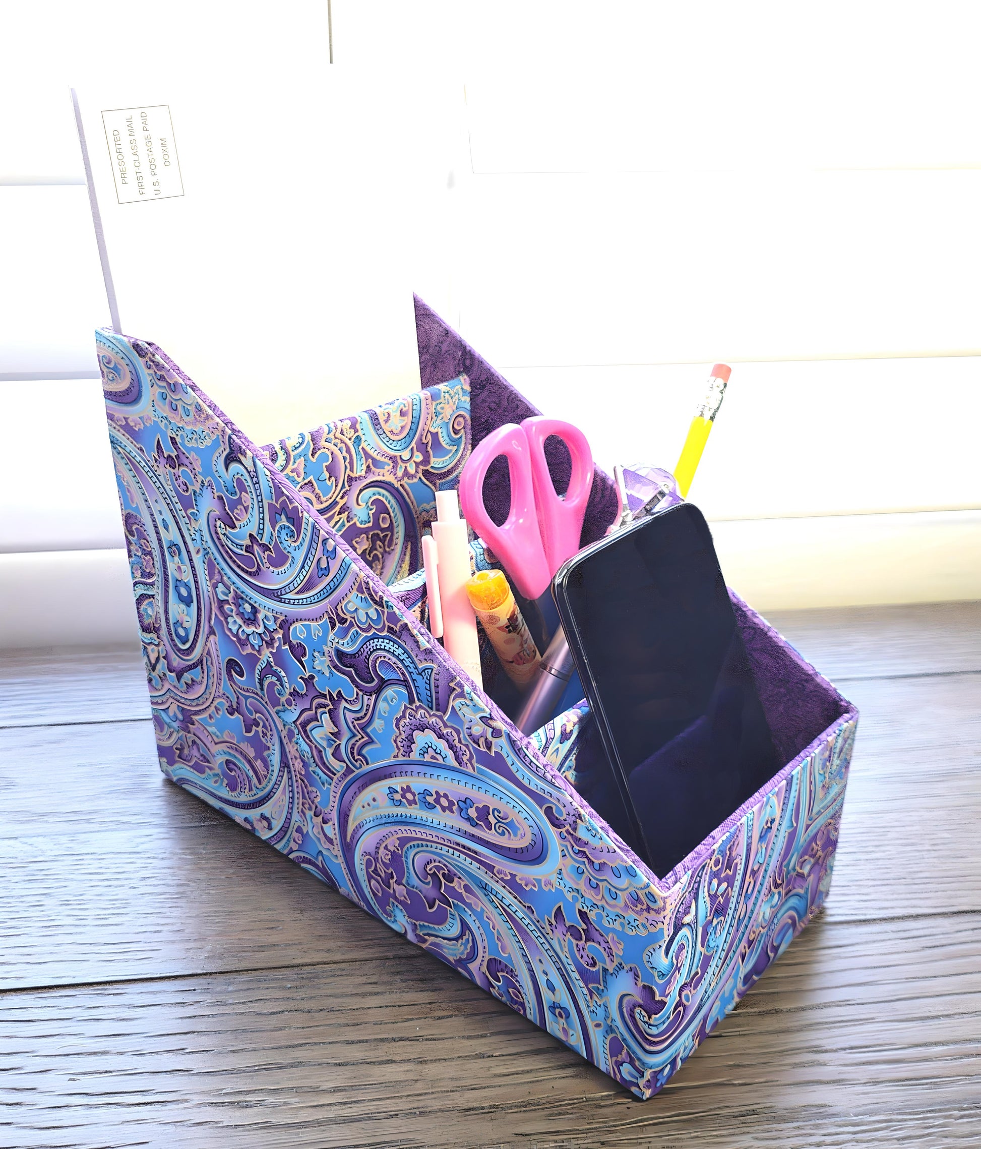 Fabric-Covered Divided Storage Tiered Organizer Box for Desktop or Tabletop, Soft Purple and Gold Paisley - Chic Brico