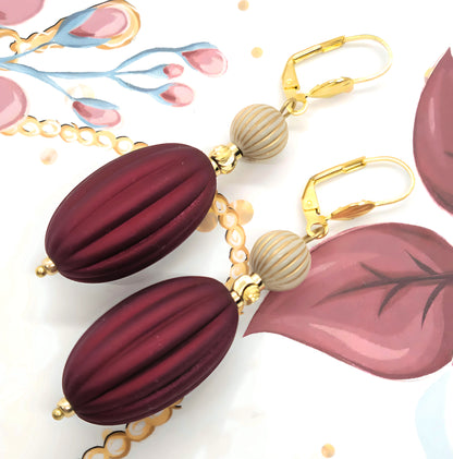Ruby Red, Ivory and Gold Puffed Oval Dangle Silicone Statement Earrings - Chic Brico