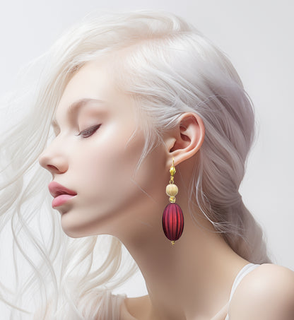 Ruby Red, Ivory and Gold Puffed Oval Dangle Silicone Statement Earrings - Chic Brico