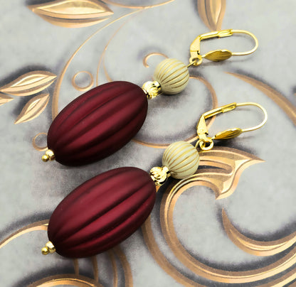 Ruby Red, Ivory and Gold Puffed Oval Dangle Silicone Statement Earrings - Chic Brico