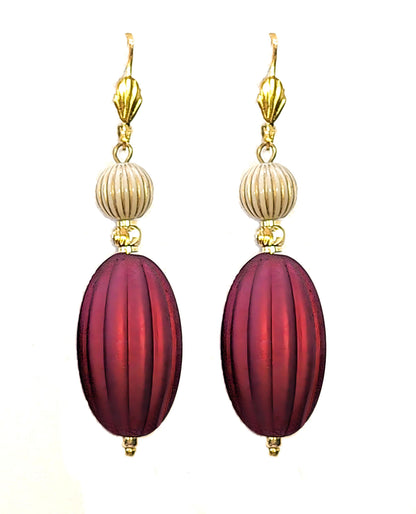 Ruby Red, Ivory and Gold Puffed Oval Dangle Silicone Statement Earrings - Chic Brico