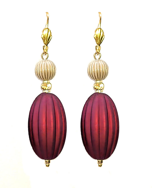 Ruby Red, Ivory and Gold Puffed Oval Dangle Silicone Statement Earrings - Chic Brico