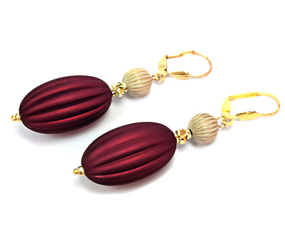 Ruby Red, Ivory and Gold Puffed Oval Dangle Silicone Statement Earrings - Chic Brico