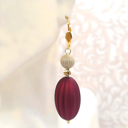 Ruby Red, Ivory and Gold Puffed Oval Dangle Silicone Statement Earrings - Chic Brico