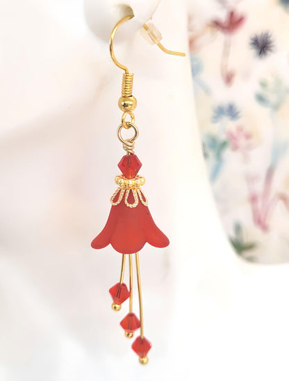 Ruby Siam Red Flower Bell Earrings - Chic Brico