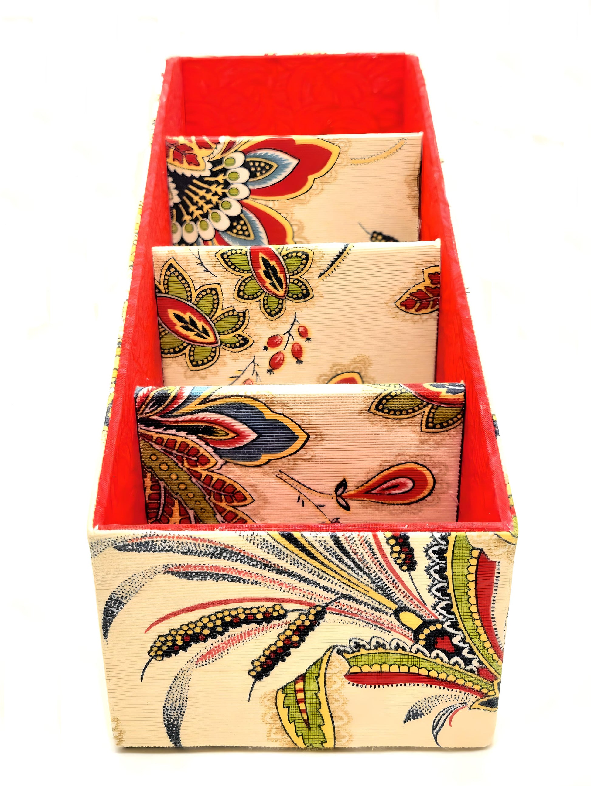 Fabric-Covered Divided Storage Tiered Organizer Box for Desktop or Tabletop - Red, Green and Gold Florals on Ivory - Chic Brico