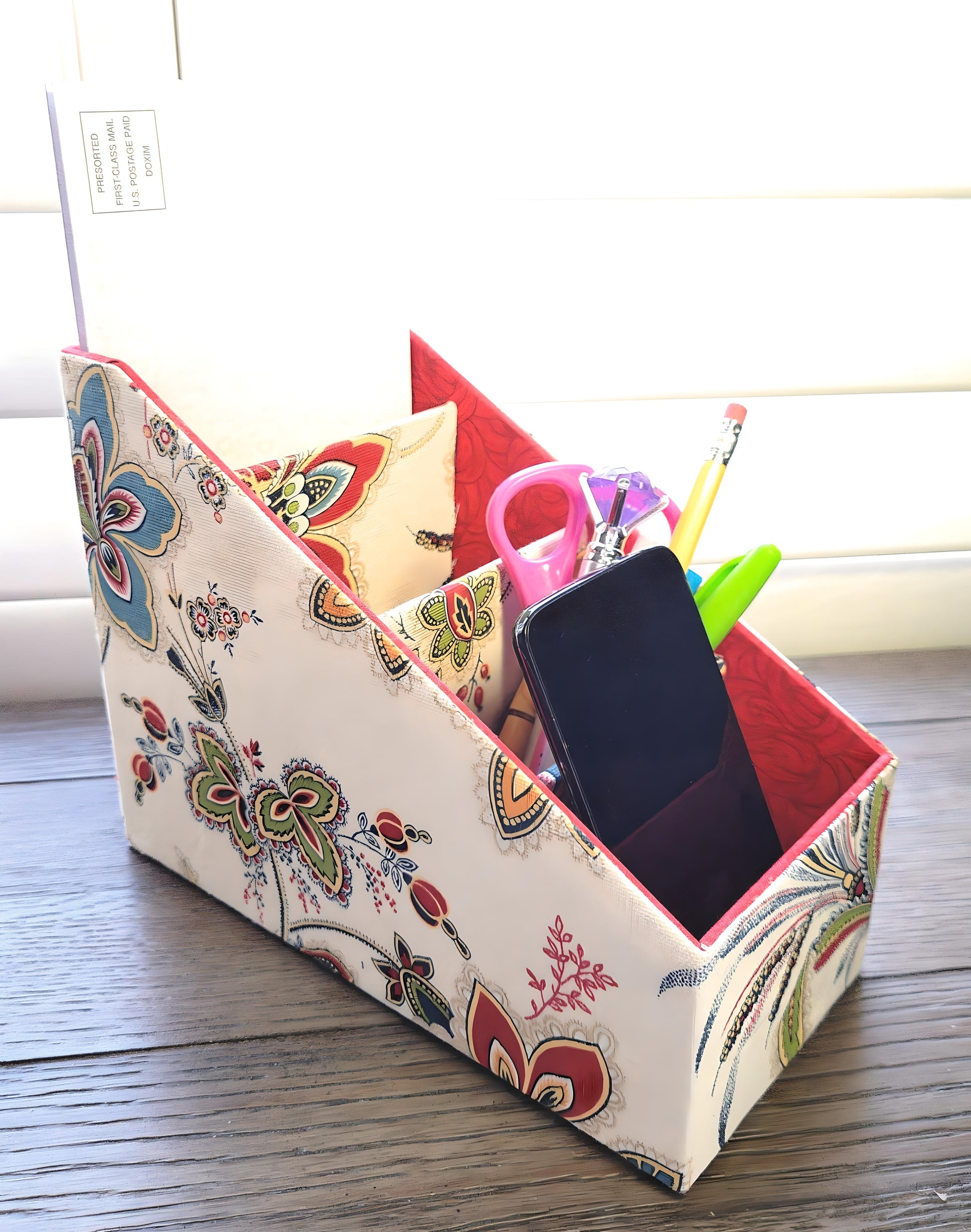Fabric-Covered Divided Storage Tiered Organizer Box for Desktop or Tabletop - Red, Green and Gold Florals on Ivory - Chic Brico