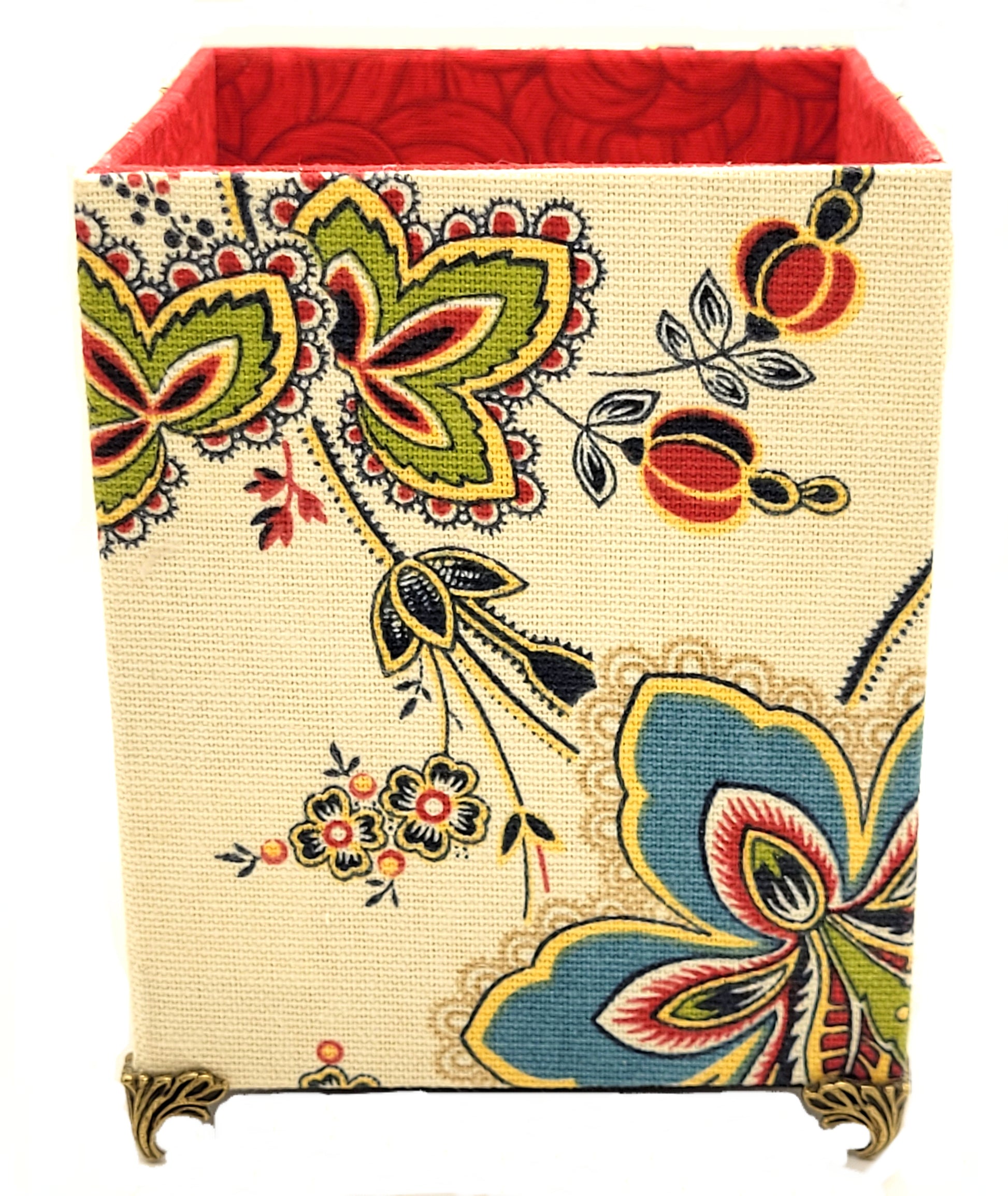 Fabric-Covered Pen Pencil Cosmetics Brushes Holder, Desktop Organizer, Vivid Red and Green Florals on Ivory - Chic Brico