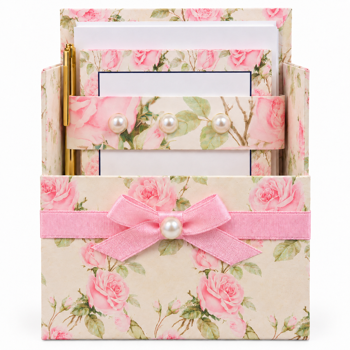 Shabby Chic Roses Boxed Stationery Set – 20 Notecards, 20 Envelopes & Gold Pen