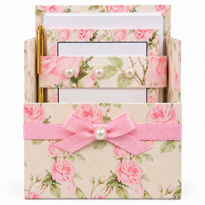 Shabby Chic Roses Boxed Stationery Set – 20 Notecards, 20 Envelopes & Gold Pen