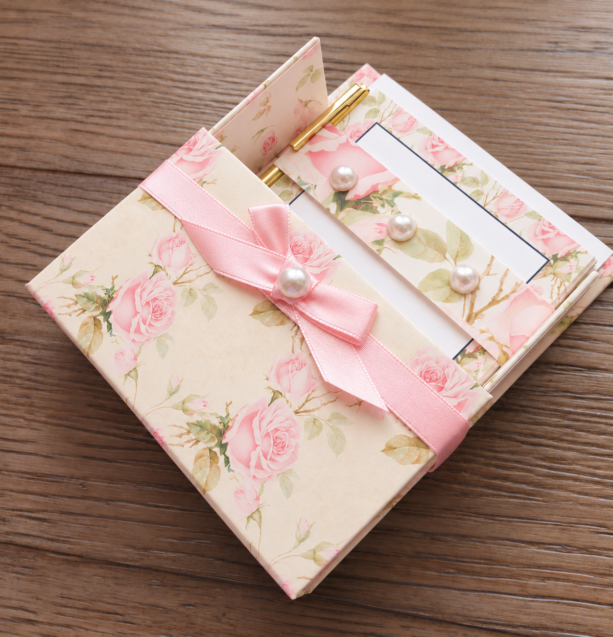 Shabby Chic Roses Boxed Stationery Set – 20 Notecards, 20 Envelopes & Gold Pen