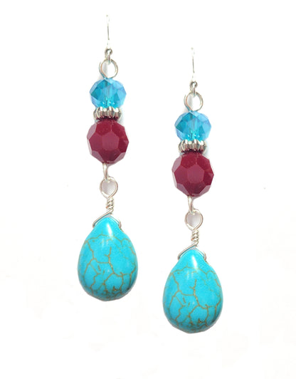 Turquoise, Silver & Red Crystal Teardrop Dangle Earrings - Chic Brico
