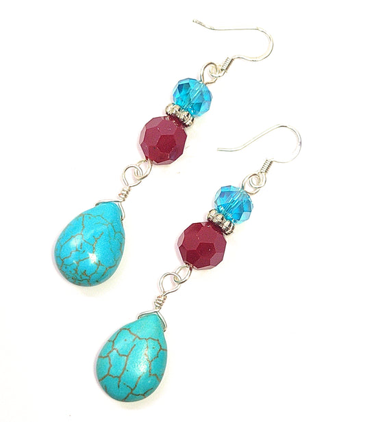 Turquoise, Silver & Red Crystal Teardrop Dangle Earrings - Chic Brico