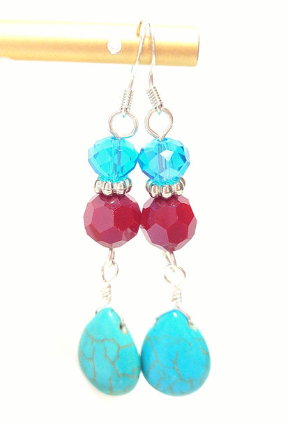 Turquoise, Silver & Red Crystal Teardrop Dangle Earrings - Chic Brico