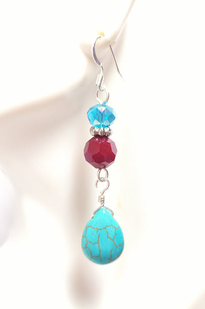 Turquoise, Silver & Red Crystal Teardrop Dangle Earrings - Chic Brico
