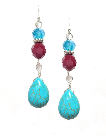 Turquoise, Silver & Red Crystal Teardrop Dangle Earrings - Chic Brico