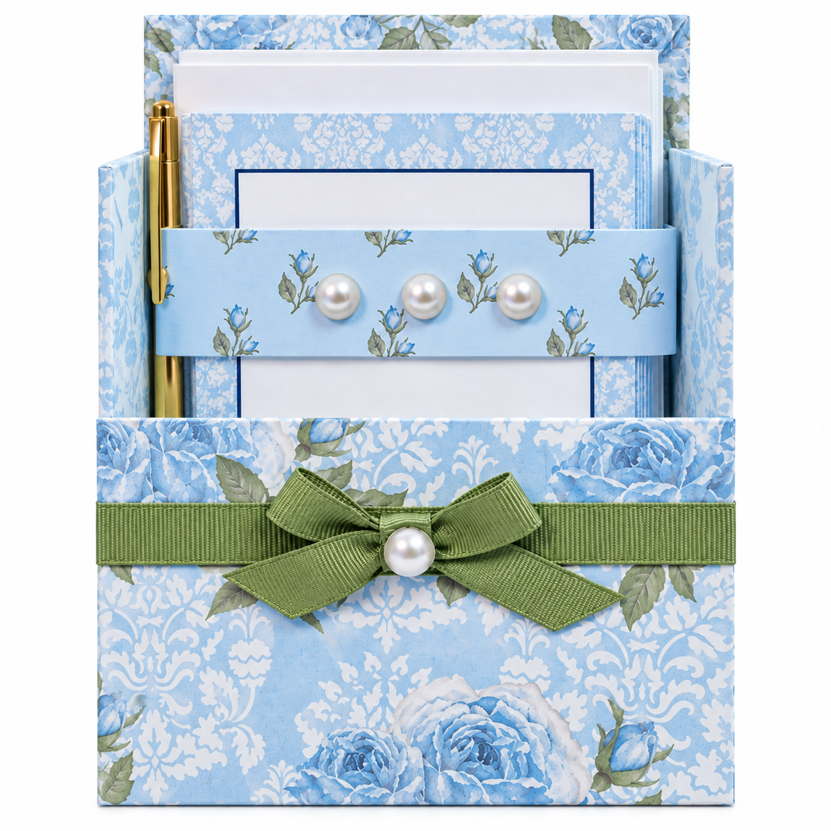Soft Blue Floral Boxed Stationery Set – 20 Notecards, 20 Envelopes & Gold Pen - Chic Brico