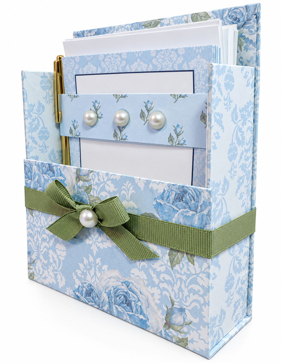 Soft Blue Floral Boxed Stationery Set – 20 Notecards, 20 Envelopes & Gold Pen - Chic Brico
